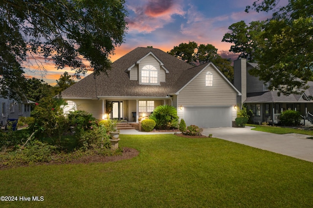 view of front facade with a lawn and a garage