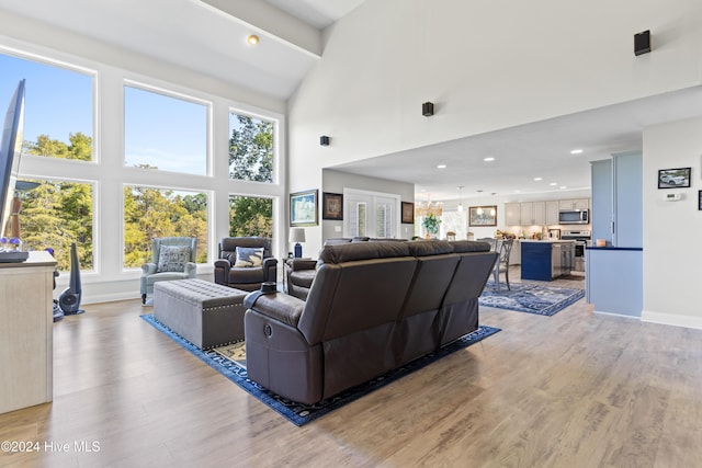 living room featuring light hardwood / wood-style flooring and high vaulted ceiling