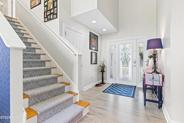 entryway featuring wood-type flooring and a high ceiling