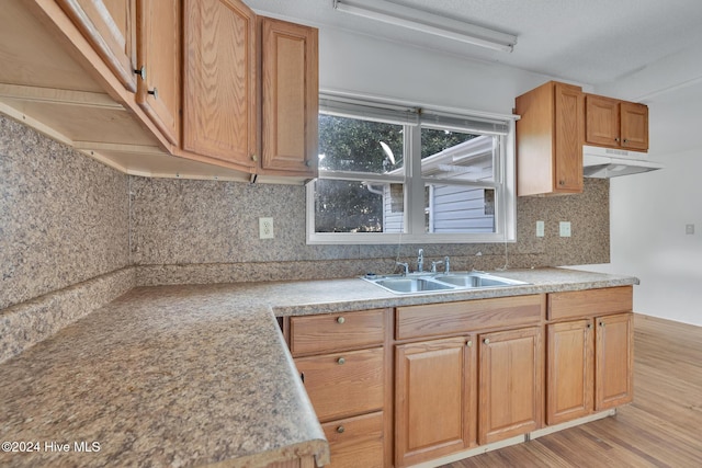 kitchen with a textured ceiling, decorative backsplash, light wood-type flooring, and sink