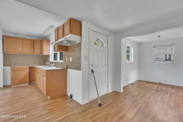 kitchen featuring backsplash, sink, a textured ceiling, and light wood-type flooring