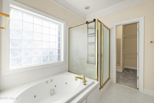 bathroom with ornamental molding, a healthy amount of sunlight, and shower with separate bathtub