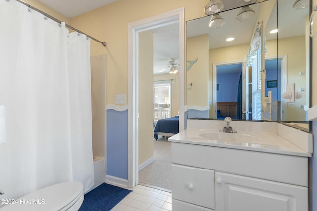 full bathroom with ceiling fan, shower / bathtub combination with curtain, tile patterned floors, toilet, and vanity