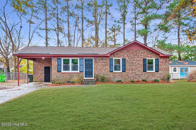 single story home featuring a front lawn and a carport