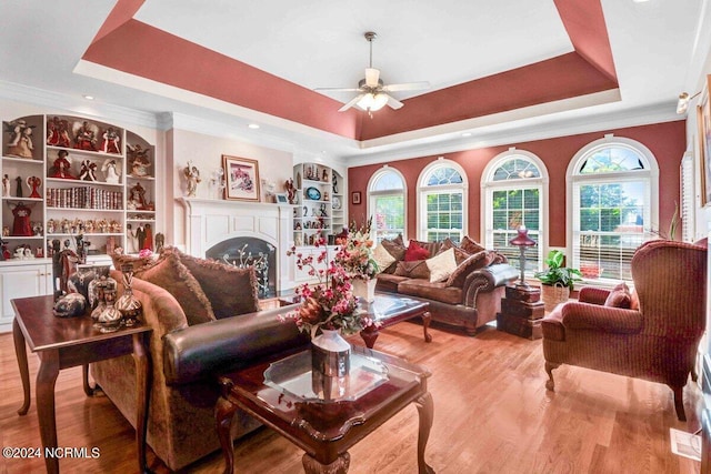 living room with a tray ceiling, a healthy amount of sunlight, and light hardwood / wood-style floors