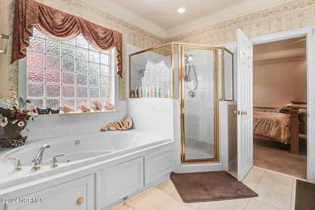 bathroom featuring tile patterned floors, ornamental molding, and shower with separate bathtub