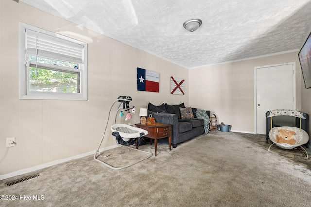 living room with a textured ceiling, carpet floors, and crown molding