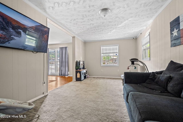 carpeted living room featuring a textured ceiling and crown molding