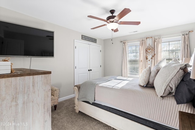 bedroom with ceiling fan, a closet, and carpet floors