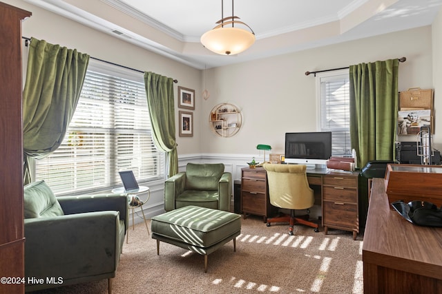 carpeted home office with crown molding, plenty of natural light, and a tray ceiling