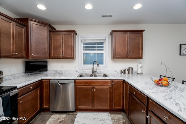 kitchen featuring black range with electric cooktop, light stone counters, dishwasher, and sink