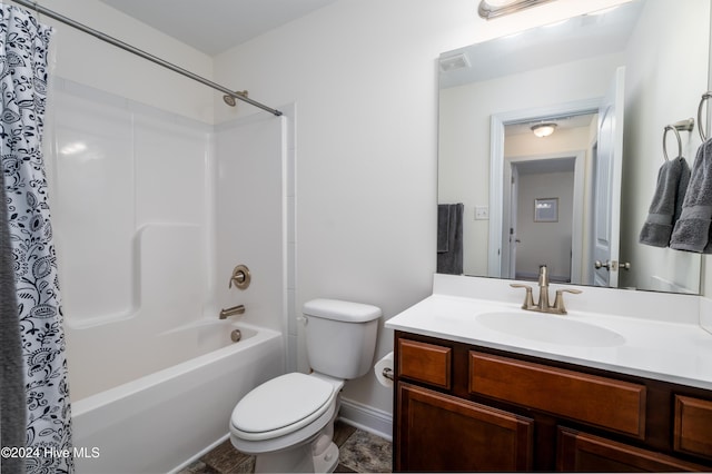 full bathroom with shower / bath combo with shower curtain, vanity, and toilet