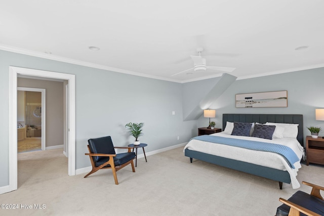 carpeted bedroom with ceiling fan and ornamental molding