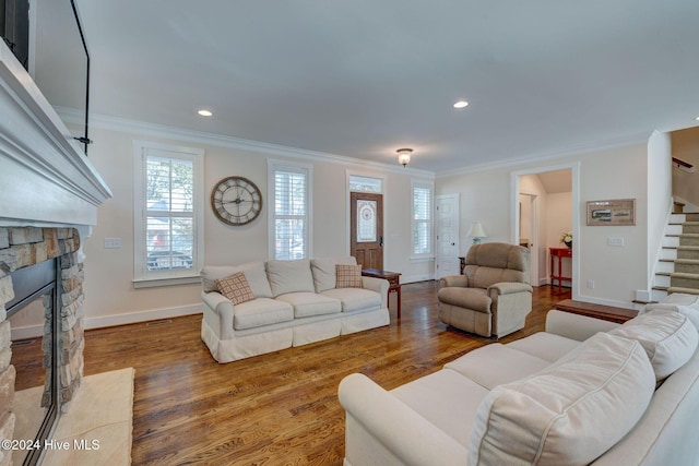 living room featuring a stone fireplace, crown molding, and wood-type flooring