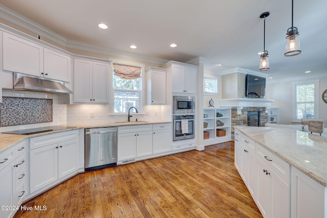 kitchen featuring crown molding, light hardwood / wood-style flooring, white cabinets, and stainless steel appliances