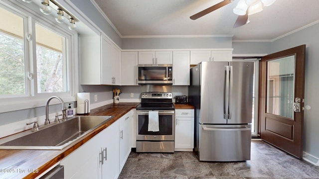 kitchen featuring crown molding, ceiling fan, white cabinetry, a sink, and stainless steel appliances