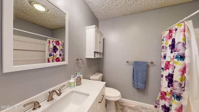 full bath featuring baseboards, curtained shower, toilet, a textured ceiling, and vanity