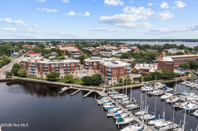 drone / aerial view featuring a water view