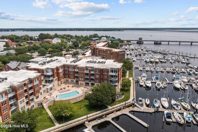 drone / aerial view featuring a water view