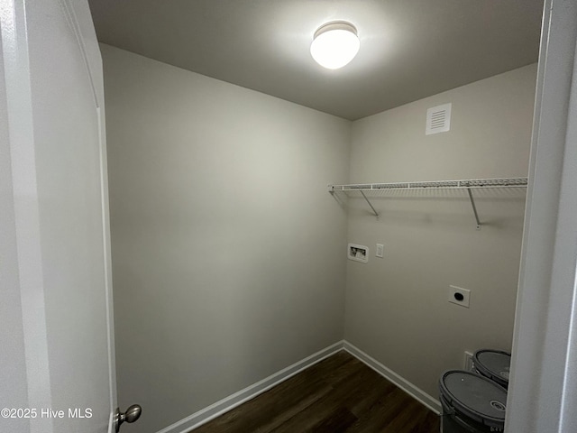 laundry room featuring laundry area, baseboards, visible vents, dark wood-type flooring, and hookup for a washing machine