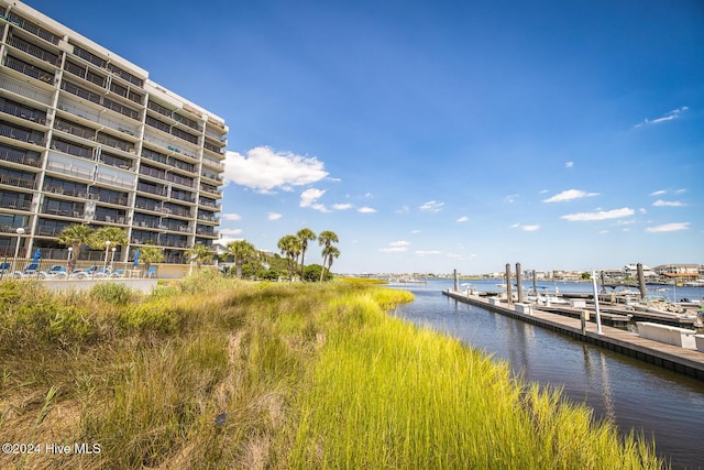 view of dock with a water view