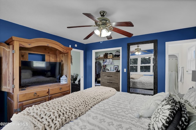 bedroom with ceiling fan and a closet