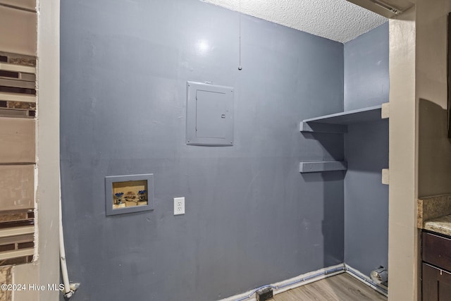 laundry area with electric panel, washer hookup, a textured ceiling, and wood-type flooring