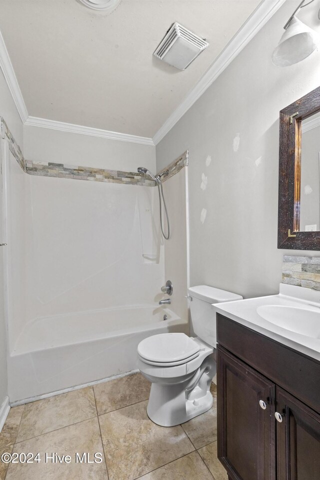 full bathroom featuring vanity, toilet, shower / bath combination, and crown molding