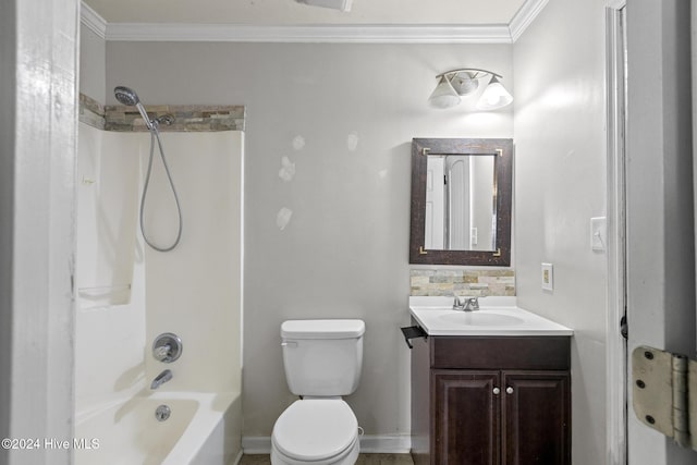 full bathroom with vanity, toilet, shower / washtub combination, and crown molding