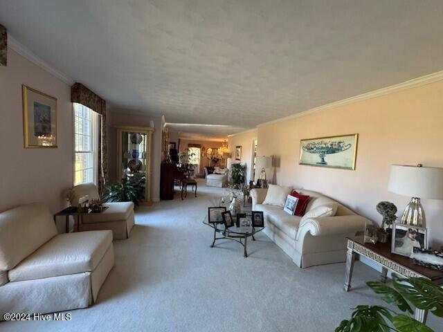 living room with light colored carpet and ornamental molding