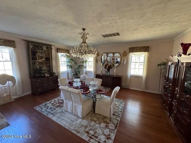 dining room featuring a chandelier, a healthy amount of sunlight, and dark hardwood / wood-style floors