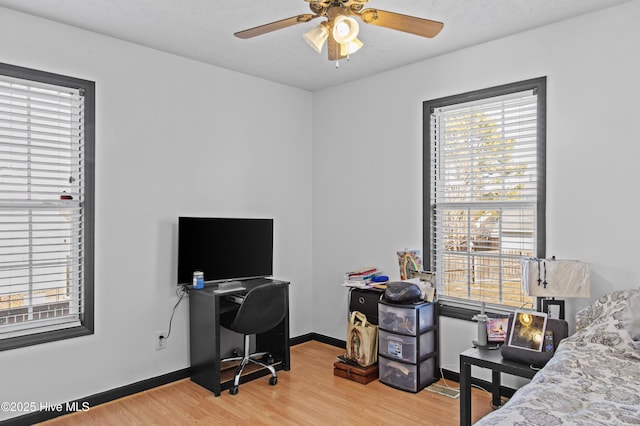 bedroom with ceiling fan and light hardwood / wood-style flooring