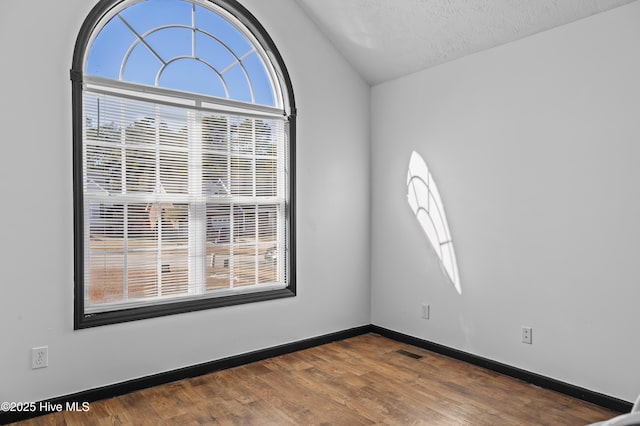 spare room featuring a textured ceiling, a wealth of natural light, vaulted ceiling, and hardwood / wood-style flooring