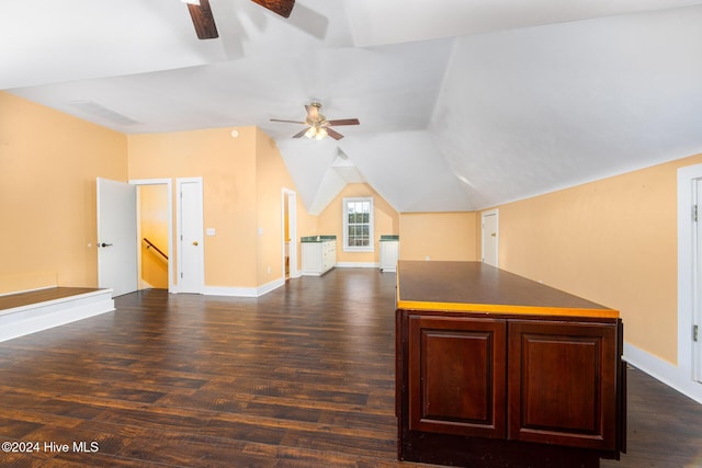 additional living space featuring dark hardwood / wood-style floors, ceiling fan, and lofted ceiling