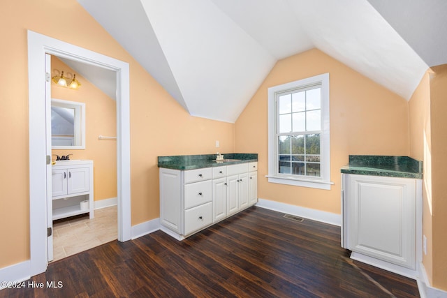 additional living space featuring lofted ceiling and dark wood-type flooring