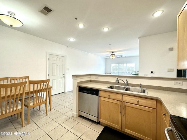 kitchen with ceiling fan, sink, stainless steel appliances, kitchen peninsula, and light tile patterned floors