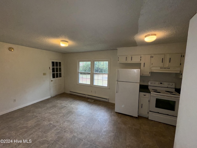 kitchen with a textured ceiling, white cabinets, a baseboard radiator, and white appliances