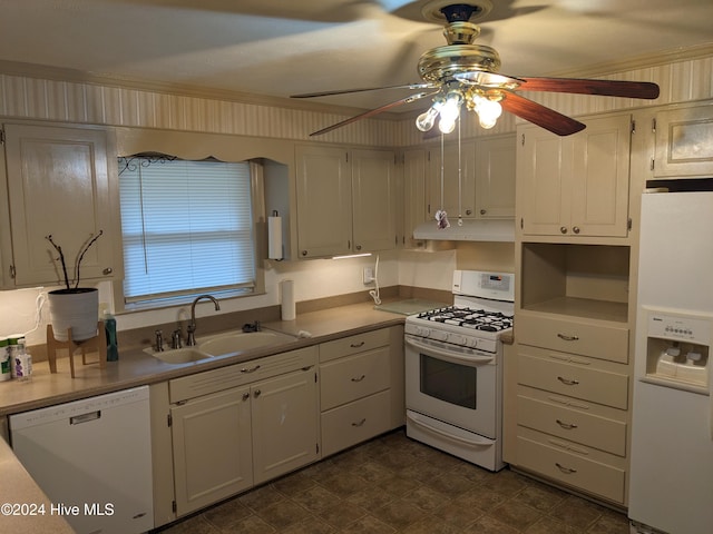 kitchen featuring white cabinets, ceiling fan, white appliances, and sink