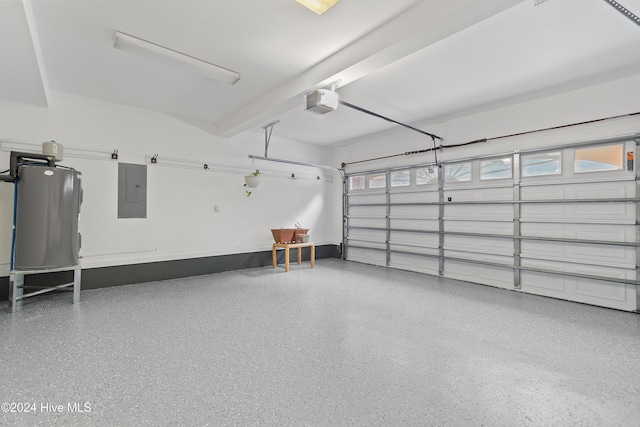 garage featuring electric panel, water heater, and a garage door opener