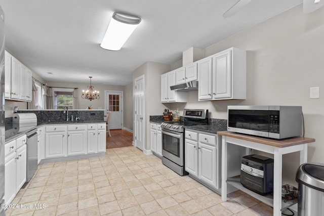 kitchen with white cabinets, decorative light fixtures, sink, and appliances with stainless steel finishes