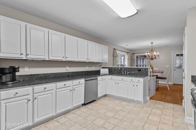 kitchen with sink, hanging light fixtures, stainless steel dishwasher, kitchen peninsula, and white cabinets