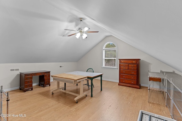 office with ceiling fan, lofted ceiling, and light wood-type flooring