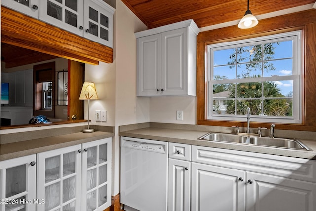 kitchen with white cabinetry, sink, wood ceiling, and dishwasher