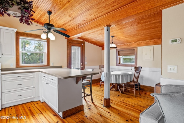 kitchen featuring white cabinetry, kitchen peninsula, light hardwood / wood-style flooring, and wooden ceiling