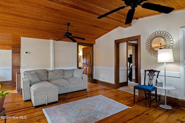 living room with wood ceiling, ceiling fan, vaulted ceiling, and light hardwood / wood-style floors