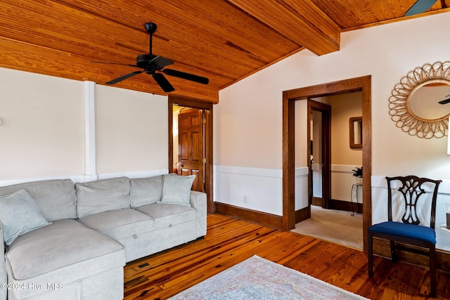 living room featuring wood-type flooring, wooden ceiling, lofted ceiling with beams, and ceiling fan