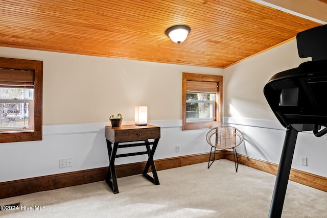 sitting room with wood ceiling and light colored carpet