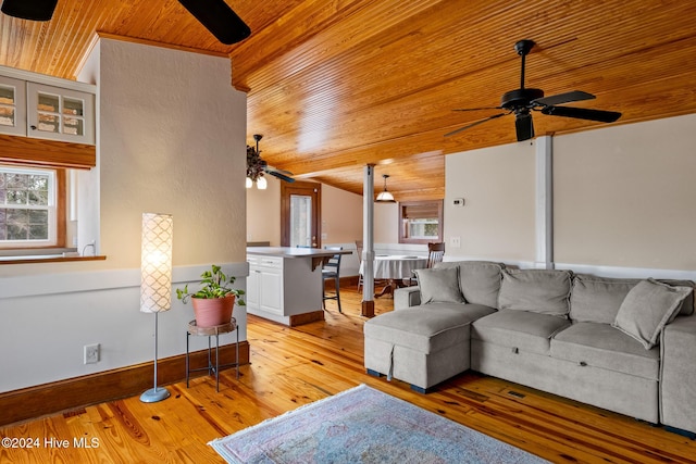 living room featuring plenty of natural light, wooden ceiling, ceiling fan, and light wood-type flooring