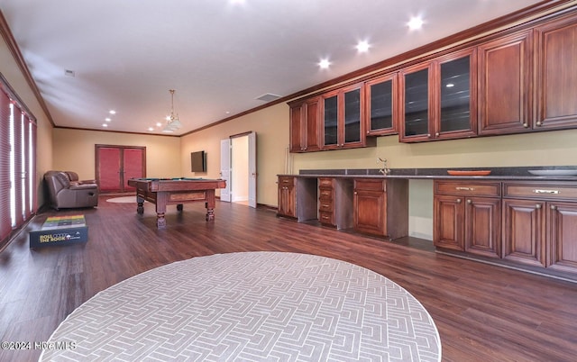 game room with dark hardwood / wood-style floors, ornamental molding, sink, and pool table