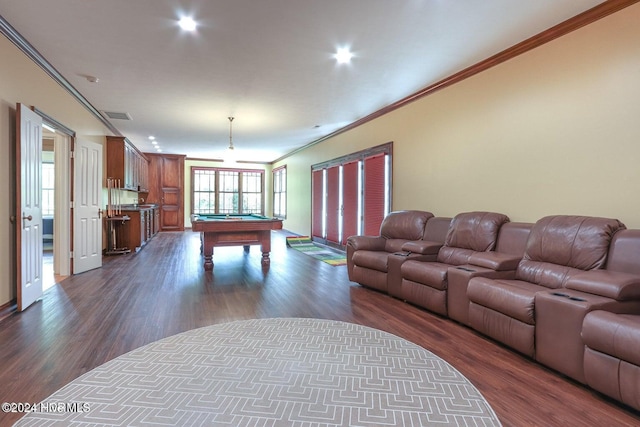 game room featuring ornamental molding, dark wood-type flooring, and billiards